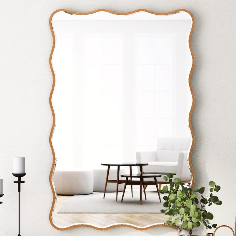 Antique Gold Wall Mirror Rectangle Wave Metal Accent Mirror - 30"×20"