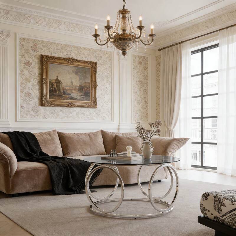 31.5" Modern Round Glass Top Coffee Table with Circular Metal Frame