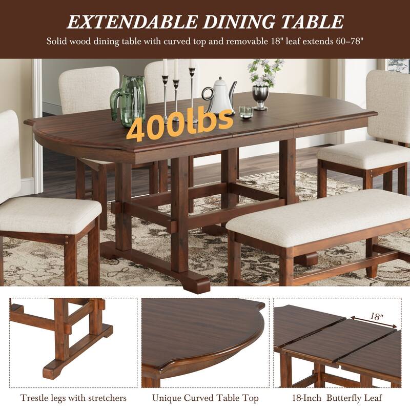 6-Piece Extendable Wood Dining Table Set with Bench