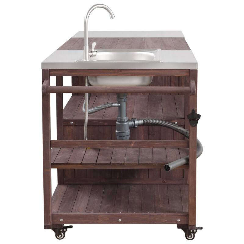 75.4 Inch Outdoor Grill Cart with Sink Solid Wood Rolling Bar Cart for XL Grills
