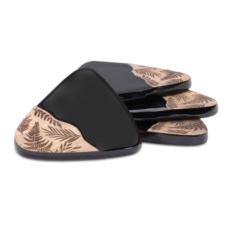 Premium Natural Mango Wood Floral Etched Coaster Set 4 Two-Tone Black & Brown Rounded Triangle Coasters