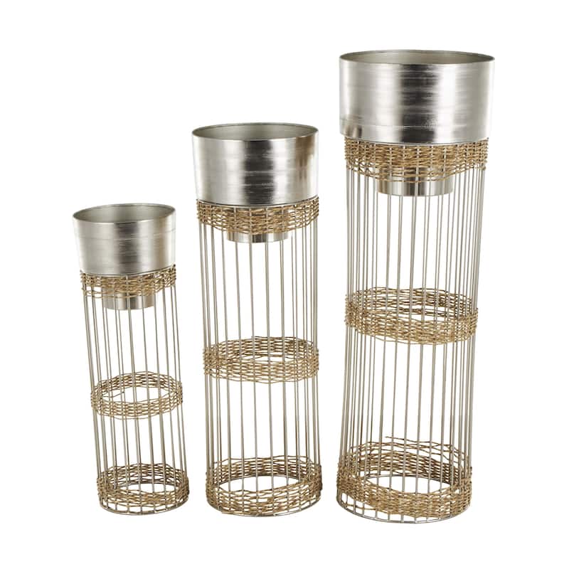 Metal Textured Dome Indoor Planter with Woven Seagrass or Rattan and Cage Rod Base - Set of 3 Gold or Silver - Roche River Decor