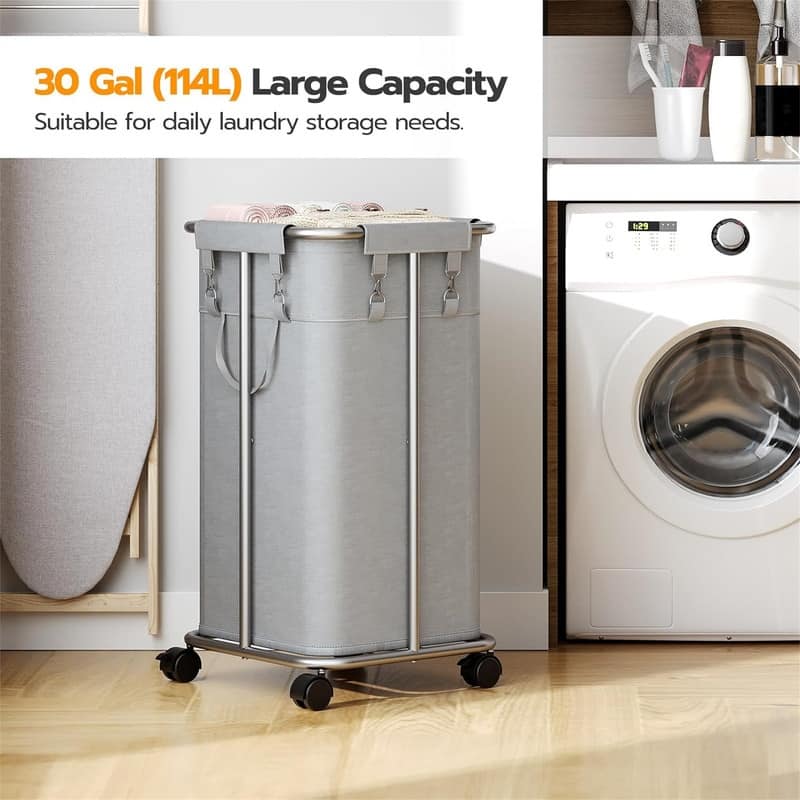 Laundry Basket with Wheels 30 Gallons (114 L) Rolling Laundry Hamper - 15.7"L x 15.7"W x 29.9"H
