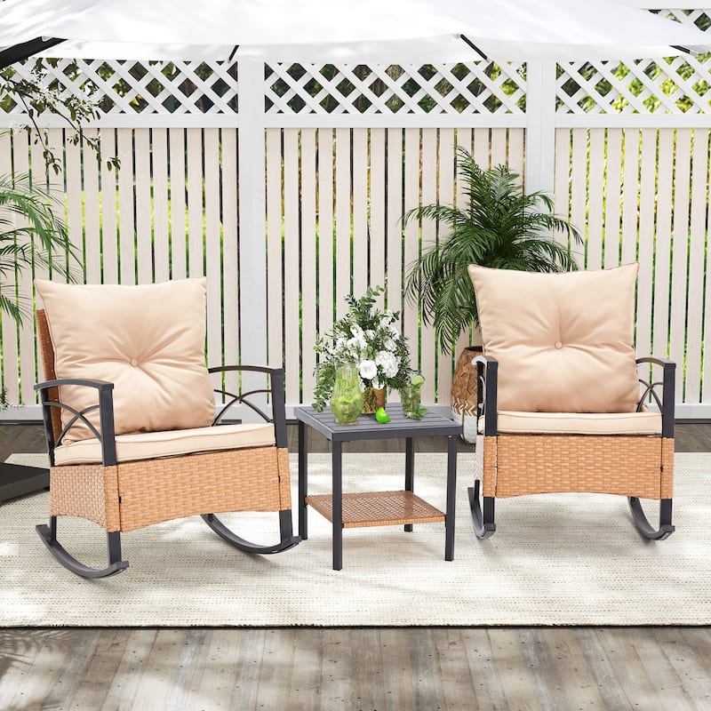 3-Piece Outdoor Rocking/Swivel Chair Set - PE Rattan Patio Furniture with Cushions & Coffee Table, Rocker Chairs for Backyard - Rocking Chair - Beige