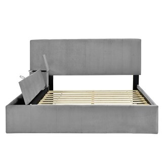 Full Velvet Platform Bed with Cup Holders and Storage