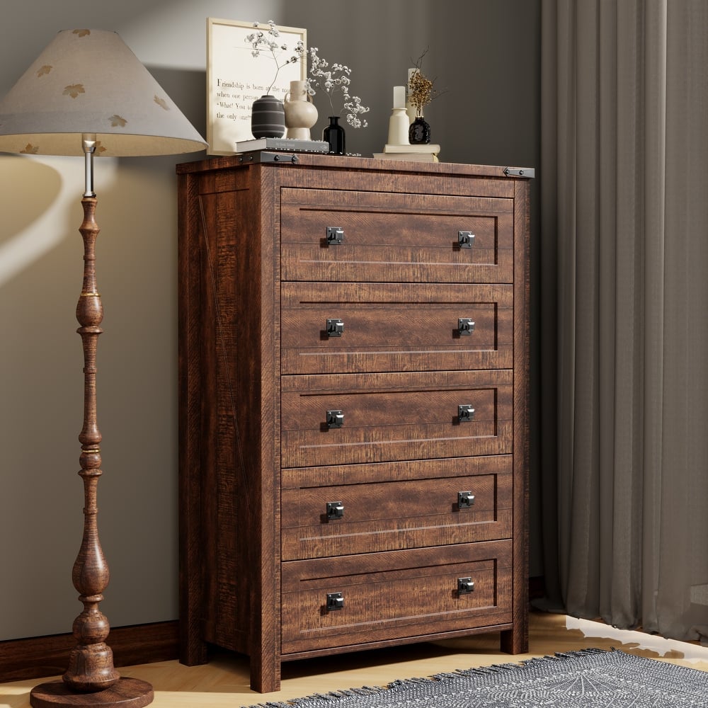 48" Tall Farmhouse 5 Drawer Wood Dresser, Chest of Drawers for Bedroom