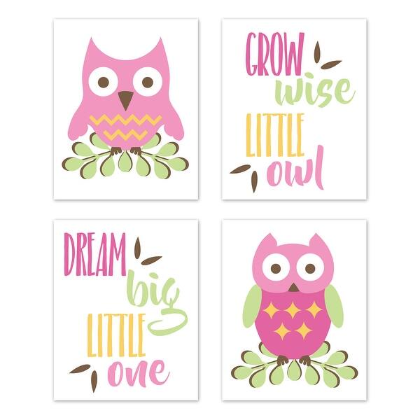 slide 2 of 4, Woodland Forest Owls Collection Wall Decor Art Prints (Set of 4) - Pink, Green, and Yellow Birds Leaves