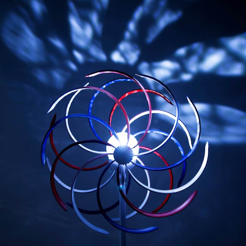 Alpine Corporation 68" Tall Outdoor Solar Powered Patriotic Dual Windmill Spinner Stake Yard Decoration, Red, White, and Blue