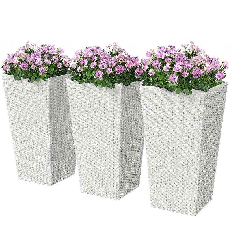 Outsunny Tall Planters for Outdoor Plants Set of 3, 24 In Taper Planters with Drainage Holes, Rattan Decor Plant Pots