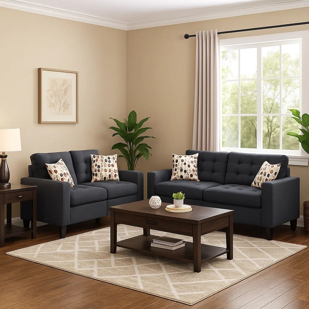 Linen Fabric 2 Pieces Sofa Set In Dark Gray