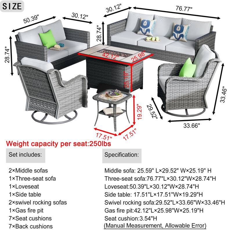 OVIOS 6-piece Patio Loveseat Swivel Chair Set With 42" Fire Table