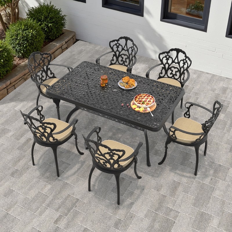 5/7-Piece Cast Aluminum Outdoor Dining Set with 59.06'' L X 35.43'' W Rectangular Table and Seat Cushions - Black(7-Piece Sets-C)