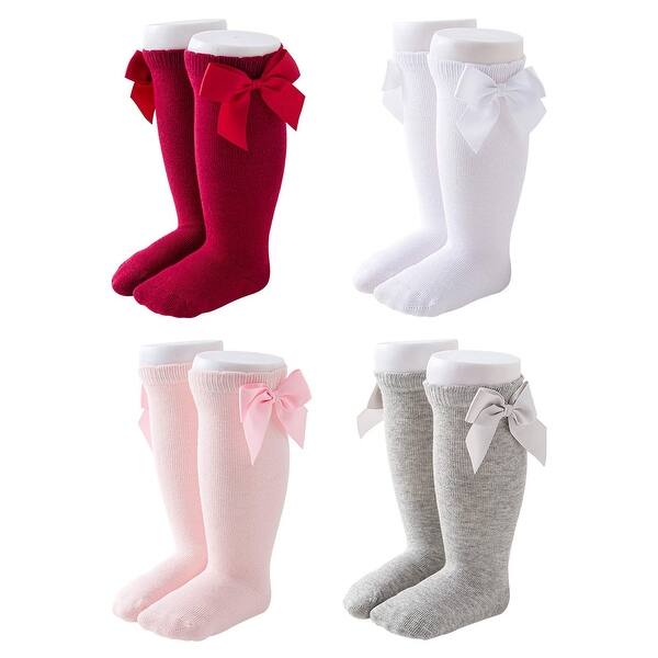 slide 2 of 6, CozyWay Baby & Toddler Knee High Bow Socks, Red Pink White gray, 4 pair