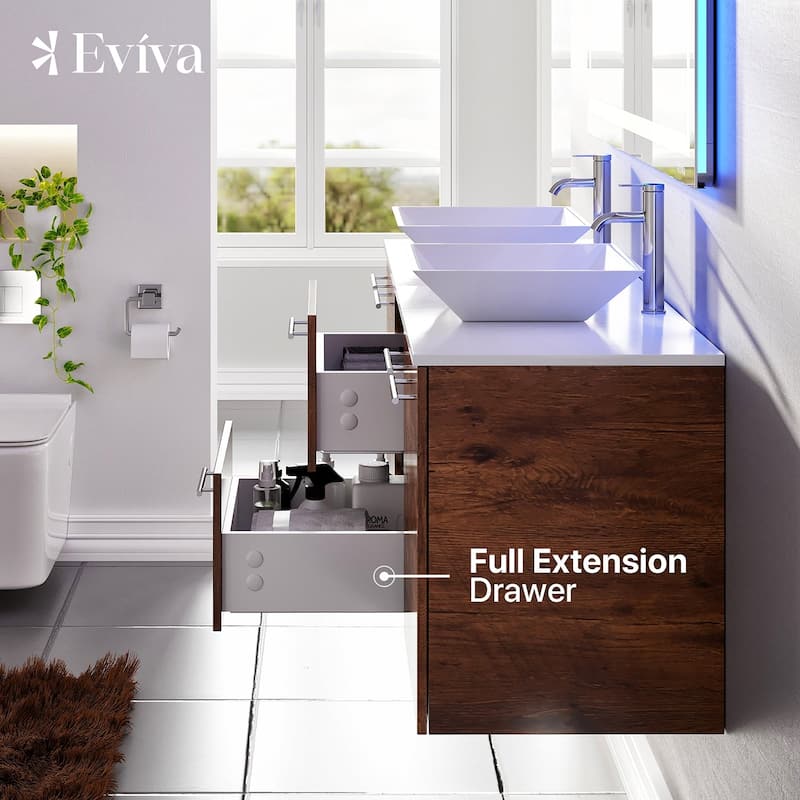 Lux 60"W Rosewood DS Bath Vanity with Quartz Top & Vessel Sinks