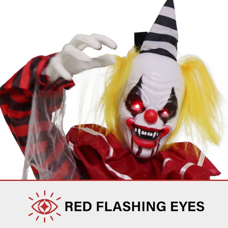 Haunted Hill Farm Wiggles the Animatronic Twisting, Talking Clown Greeter with Folding Door Hook for Scary Halloween Decoration