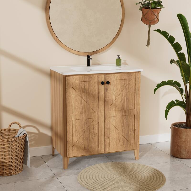 30inch Folding Floor Cabinet With Ceramic Sink- Patented 1-Minute Install, Space-Saving & Easy Assemble