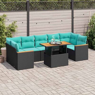 vidaXL 8 Piece Patio Sofa Set with Cushions Black Poly Rattan - 21.7 x 24.4 x 27.2
