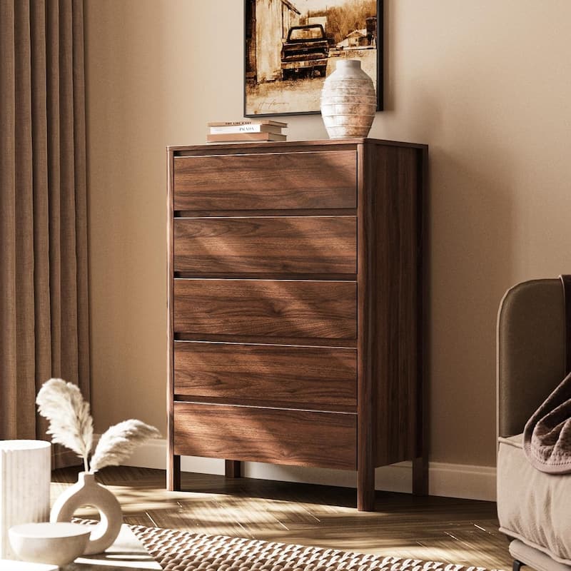 FURNIWAY Walnut Drawer Tall Dresser, Modern Chest with Hidden Handles, Storage Organizer