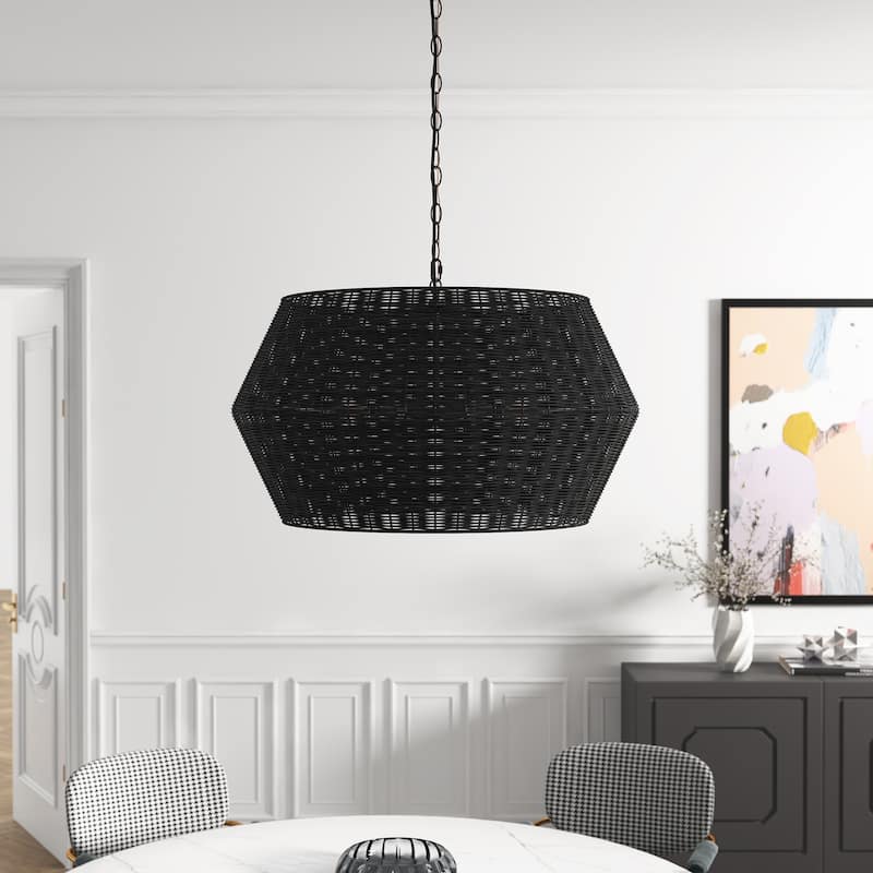 Matte Black 6-Light Natural Handwoven Rattan Pendant Lighting Fixture