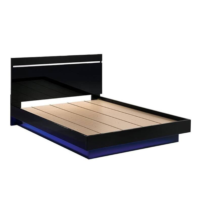 Pero Queen Size Bed, Chrome Accent Headboard, Black LED Footboard