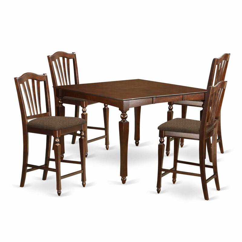 Counter Height Dining Set - 5 Piece Table & Chairs - Eclectic Design - Linen Upholstered Seats - 54x54 Inch Table
