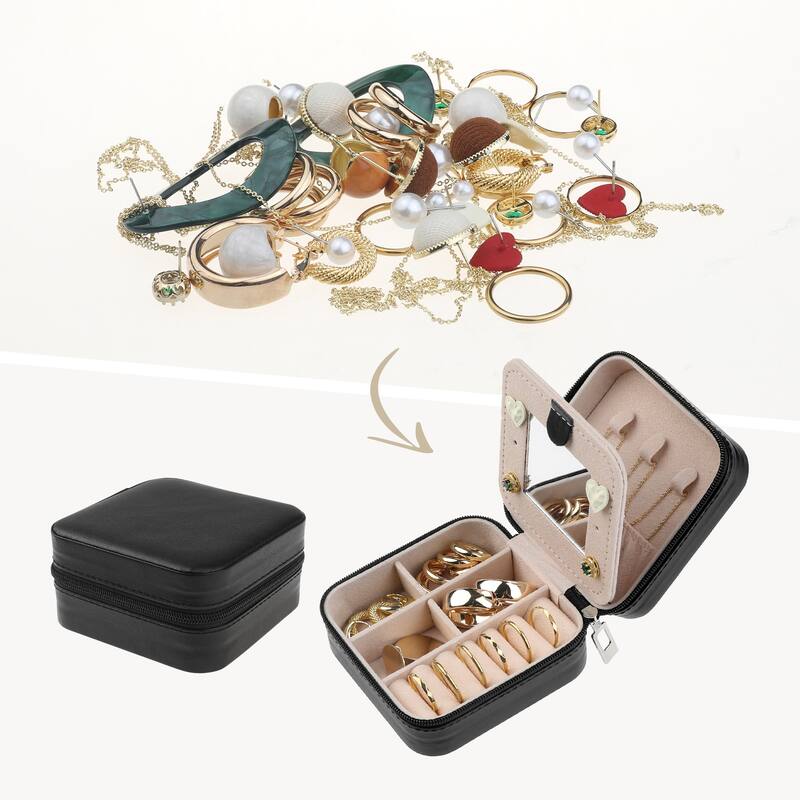 Travel Size Jewelry Box, Small Portable Jewelry Case with Mirror, 2 Layer PU Leather Mini Jewelry Organizer - 10x10x5cm - Black