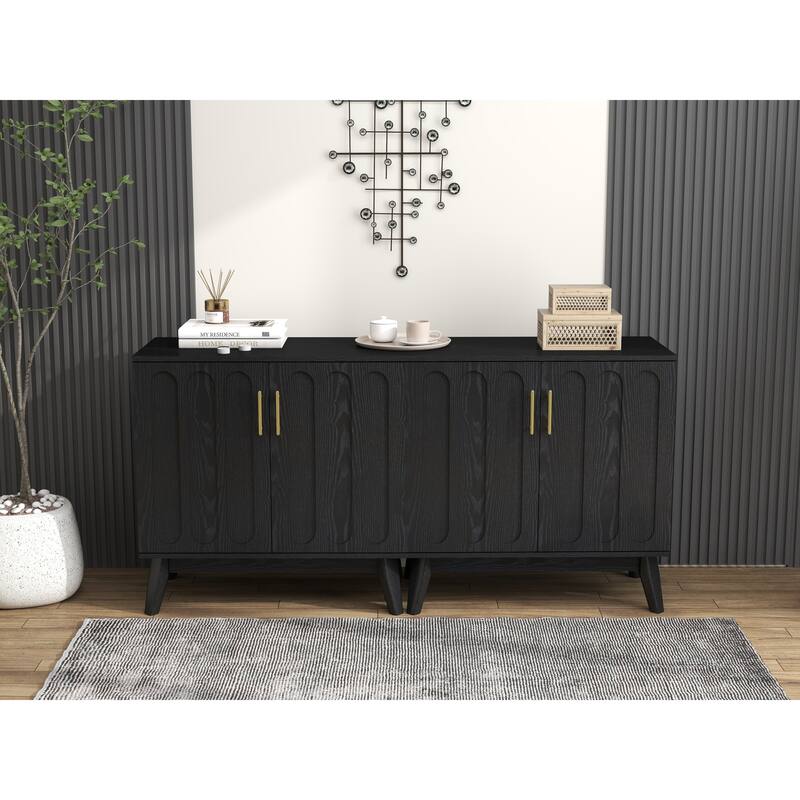 Mid Century Modern Fluted Sideboard Cabinet with Adjustable Shelves, Buffet Cabinet with Storage, Walnut Storage Cabinet