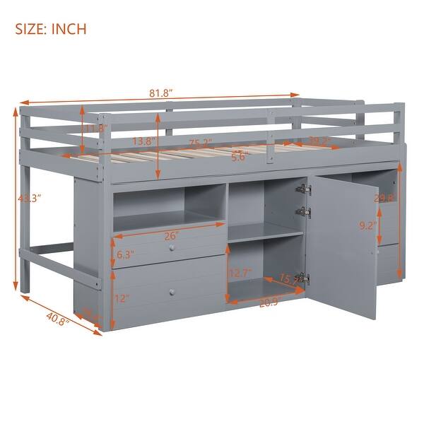 Gray Twin Solid Wood Loft Bed with Drawers & Cabinet