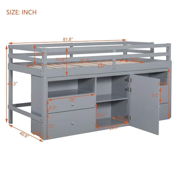 dimension image slide 1 of 3, Twin Size Loft Bed for Kids, Wooden Loft Bed with 4 Storage Drawers, Cabinet, Shelves, Low Loft Bed Frame with Safety Guardrails