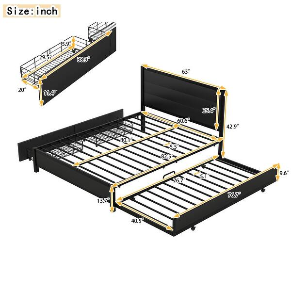 Queen Size Storage Platform Bed with Twin Size Trundle and 2-Drawers, Black