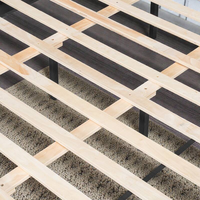 Solid Wood Platform Bed with Upholstered Headboard and Metal Handles, Heavy Duty 500 lbs Support, No Box Spring