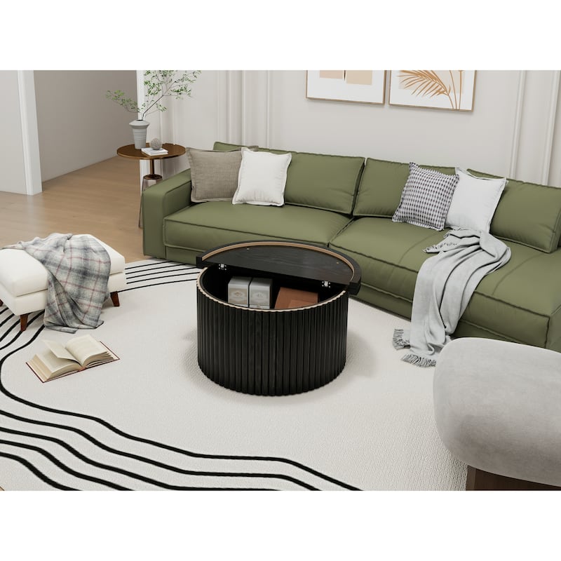 Round Coffee Table with Wood Grain Vertical Stripes, Small Fluted Circle Side Table, Center Table with Adjustable Feet