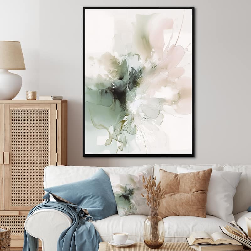 Designart "Green And Cream Essence Of Modernity I" Abstract Framed Canvas Wall Art - 30 in. wide x 40 in. high - Black