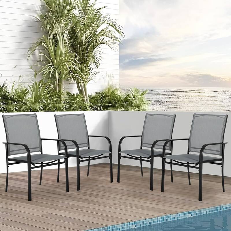 Outdoor Patio Dining Chairs Set of 4, Metal Frame Textilene Fabric Chairs with Armrest