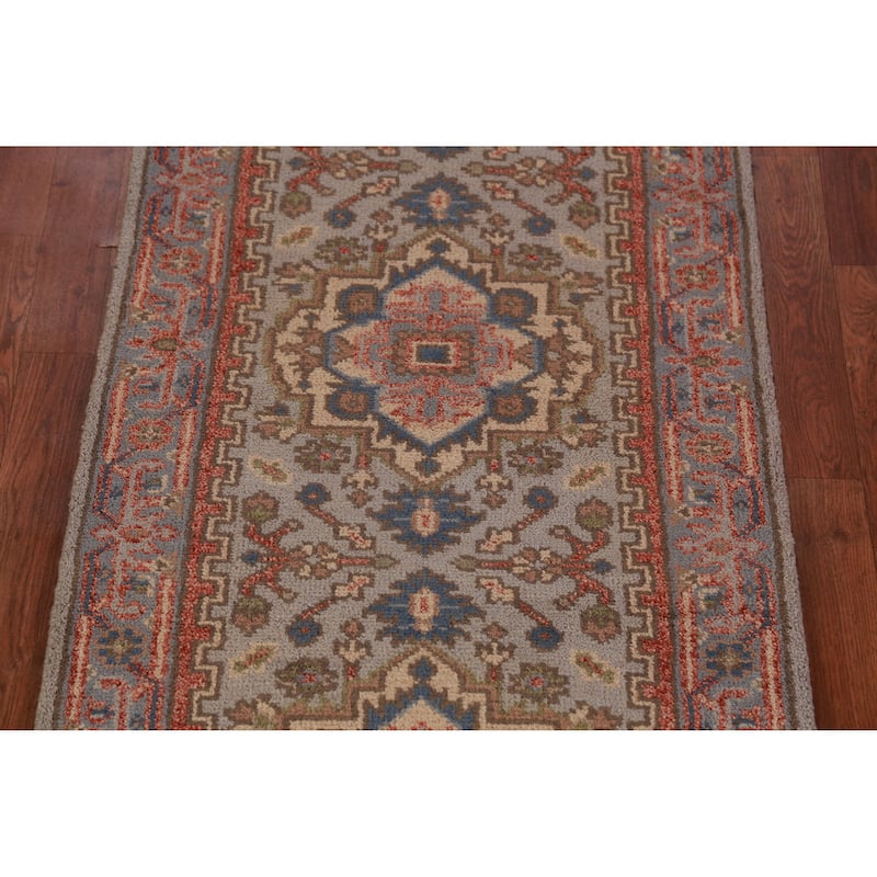 Hand Knotted Oriental 100% Wool Carpet Traditional Geometric Greys & Charcoal Heriz (serapi) Runner Rug - 8' 2'' X 2' 7''