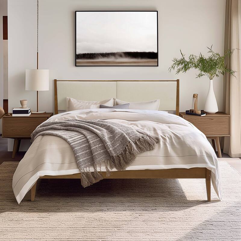 Beige Upholstered Headboard and Wood Frame Set, Queen or King