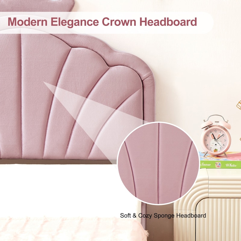 Javlergo Twin Size Platform Bed Frame with Crown Headboard Adjustable Height Upholstered Princess Bed for Kids
