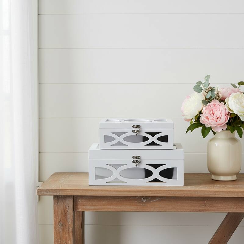 HomeRoots Set of Two White Mirrored Glass And Wood Box With Lid