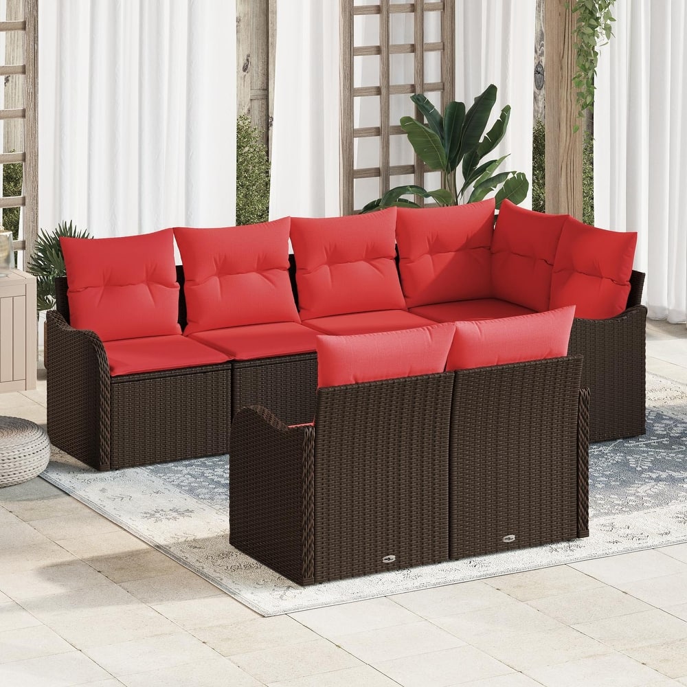 vidaXL 7 Garden Sofa Set with Cushions Black/Brown/Grey Poly Rattan - 91.5 x 48.2 x 27.2