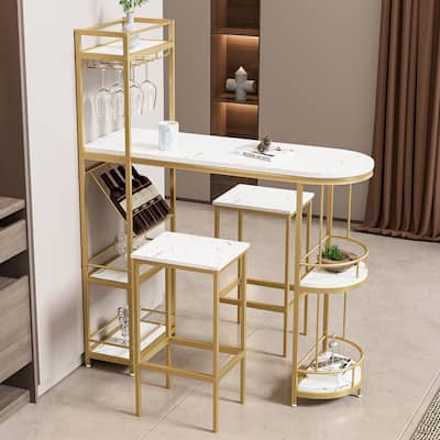3 Pcs Bar Table and Chairs Set, with Gold Base with Shelves, Glass Rack, Wine Bottle Rack ,with 2 Bar Stools