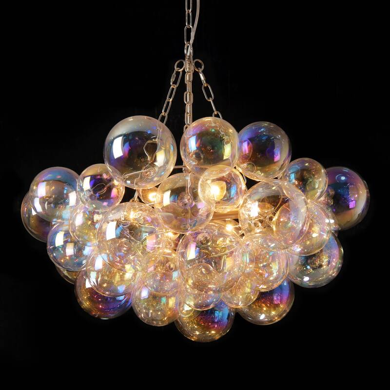 Starsky 6-Light lridescent Bubble Glass Globe chandelier, Hand-Blown Colorful cluster Light, Adjustable Height, Gold or Nickel - Nickel