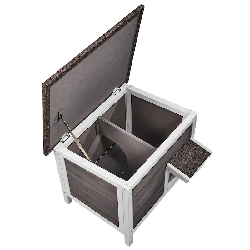 Grey Wooden Cat House with Asphalt Sloped Roof and PVC Flaps Door Suitable for Indoor or Outdoor - 24” x 20” x 21”