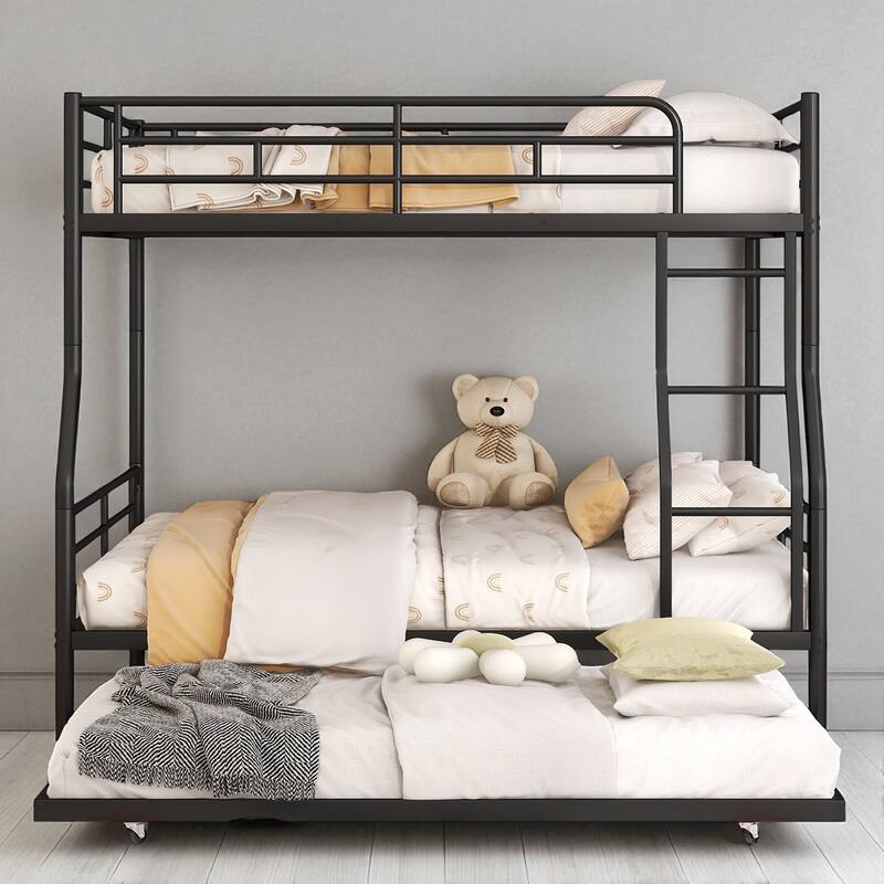 Full Over Full / Full XL Over Queen Metal Bunk Bed with Trundle, Convertible Design and Guardrails