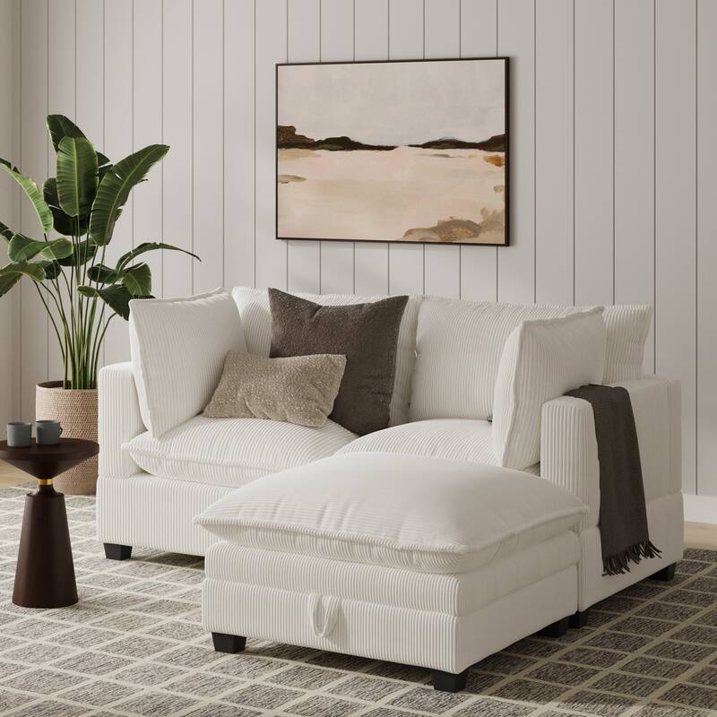Chelsea Modern Cloud Modular Upholstered Sofa with Deep Seat and Plush Cushions - Loveseat + Ottoman - Pearl White