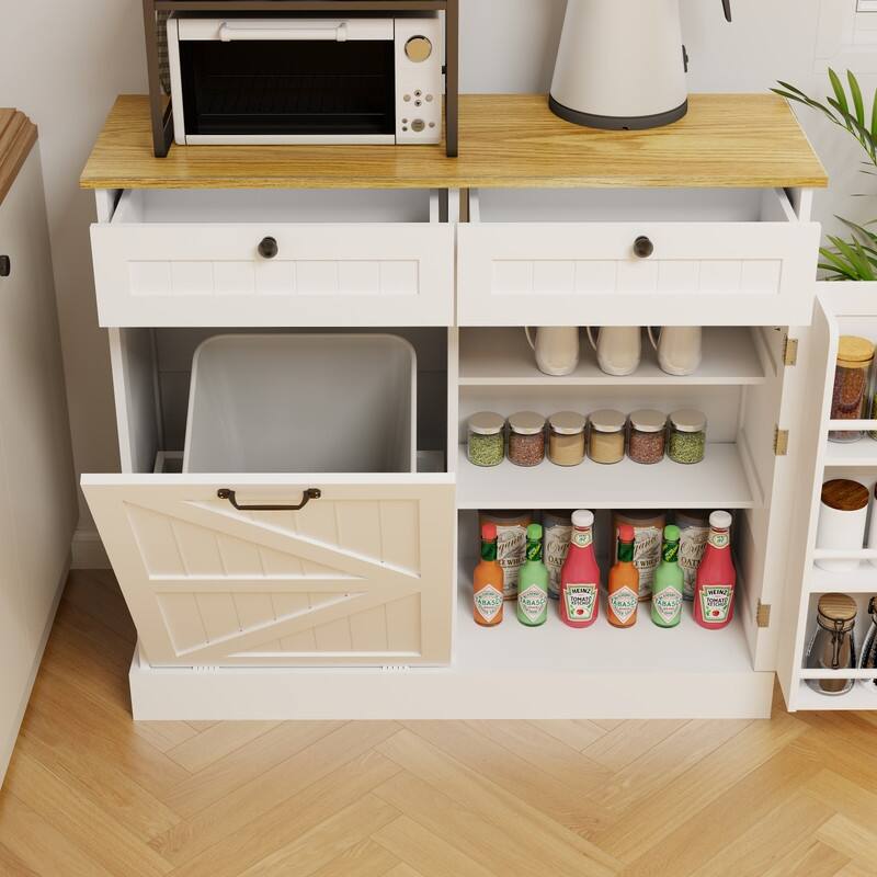 White Kitchen Trash Can Storage Cabinet with Drawers and Shelves