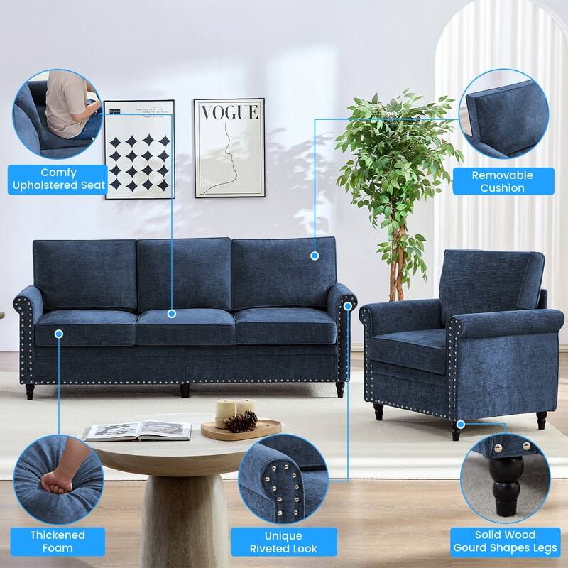 Mixoy Chenille Fabric 3-Seater Sofa Couch with Single Sofa Chair with Rivet Design,Solid Wood Gourd Legs for Living Room - 3+1
