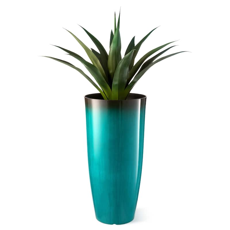 Glitzhome 30"H Set of 2 Tall Plastic Planter Large Flower Pots with Gradient Cobalt Blue / Turquoise Faux Ceramic Finish
