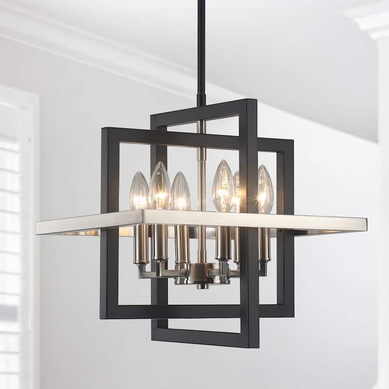 6 - Light Farmhouse Metal Cage Chandelier Rectangle Hanging Light - Black+Sand Nickel