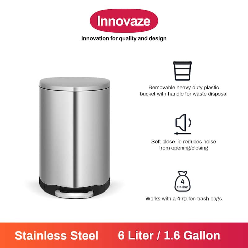 Innovaze 1.6 Gal./6 Liter Stainless Steel Semi-round Step-on Trash Can for Bathroom and Office