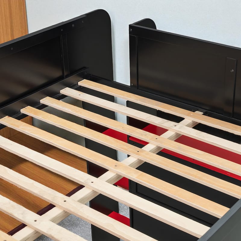 Full Size Wooden Bunk Bed with Adjustable Desk, Wardrobe Storage, USB & RGB Gaming Lights